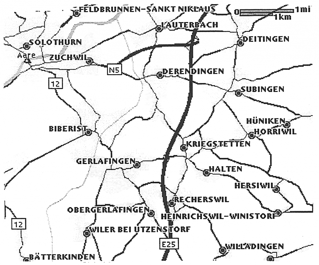 Map of the towns of Solothurn, Biberist, Gerlafingen, Derendingen, Kriegstetten, Deitingen and Horriwil in the Kanton of Solothurn which is is located in the northwestern area of the central part of Switzerland