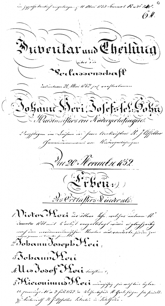 Copy of the cover page for Johann Heri's"Inventar und Theilung" dated November 20, 1852