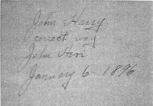 A handwritten note from John Harry on the correct spelling of the family name