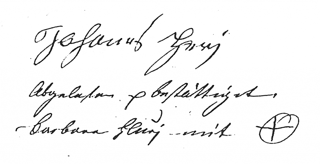 Signature of Johann Heri and the "X" of Barbara Fluri Heri